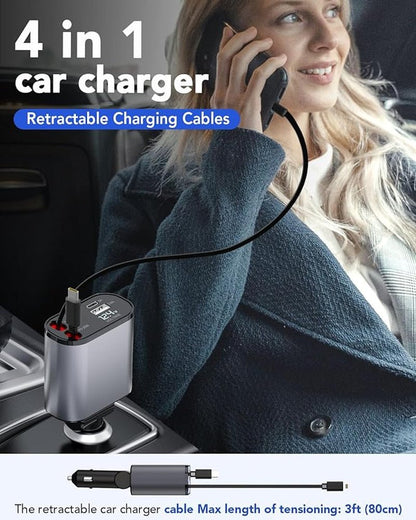 TIKTOK SHOP Retractable Car Charger, 4 in 1 Fast Car Phone Charger 66W, Retractable Cables and USB Car Charger,Compatible with Iphone 15/14/13/12/11,Galaxy,Pixel - CarCrue