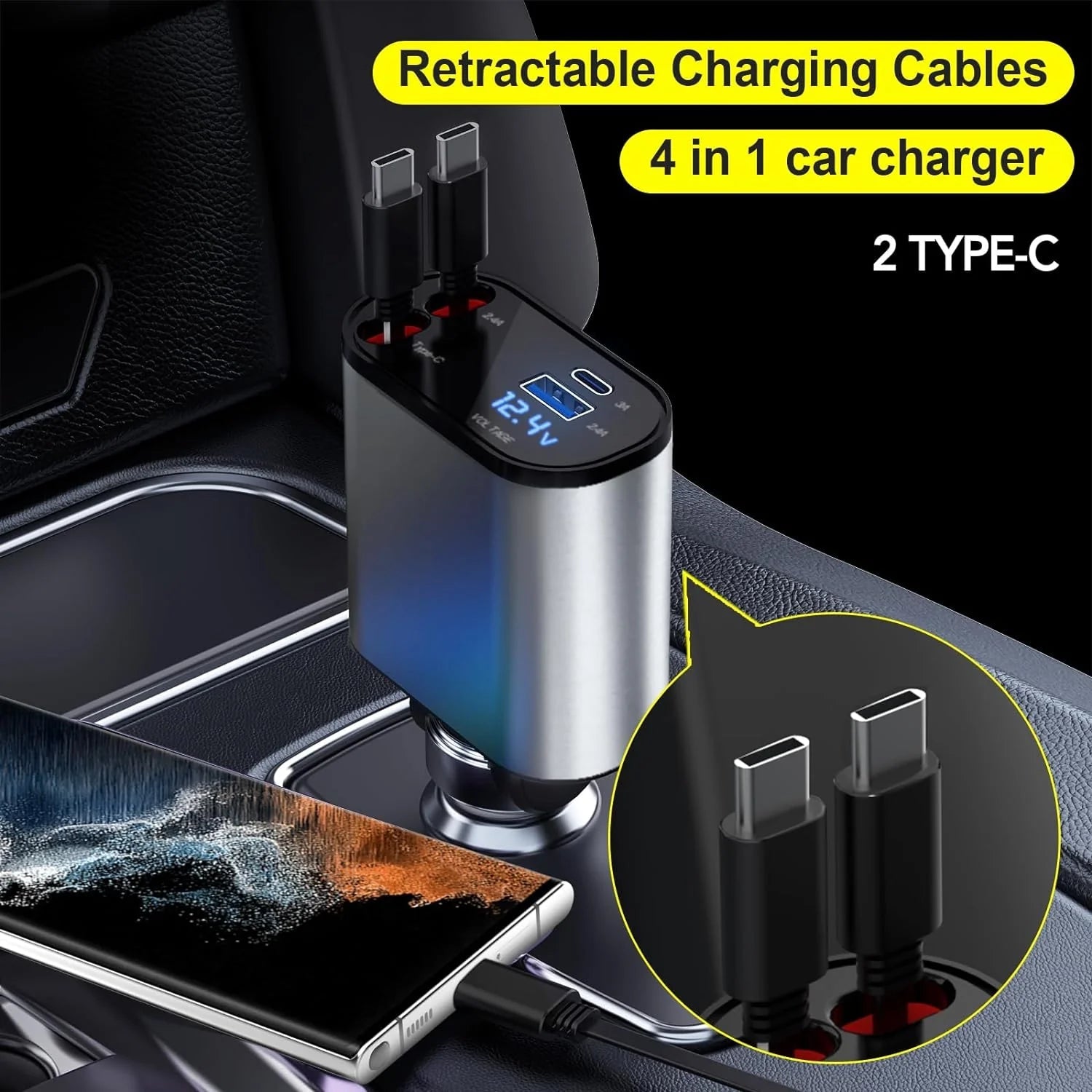 TIKTOK SHOP Retractable Car Charger, 4 in 1 Fast Car Phone Charger 66W, Retractable Cables and USB Car Charger,Compatible with Iphone 15/14/13/12/11,Galaxy,Pixel - CarCrue